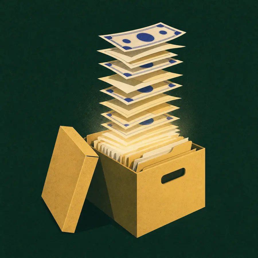 An open archive box of folders. The top pages rise out of it as a stack of banknotes.