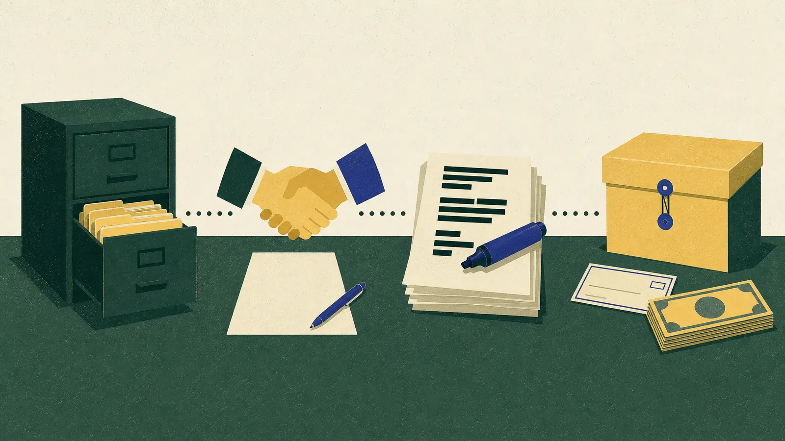 Four scenes in a row: a filing cabinet, a handshake over a page, pages with lines blacked out, and a sealed box beside a check.