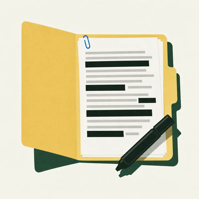 An open folder of pages with lines blacked out and a marker pen across it.